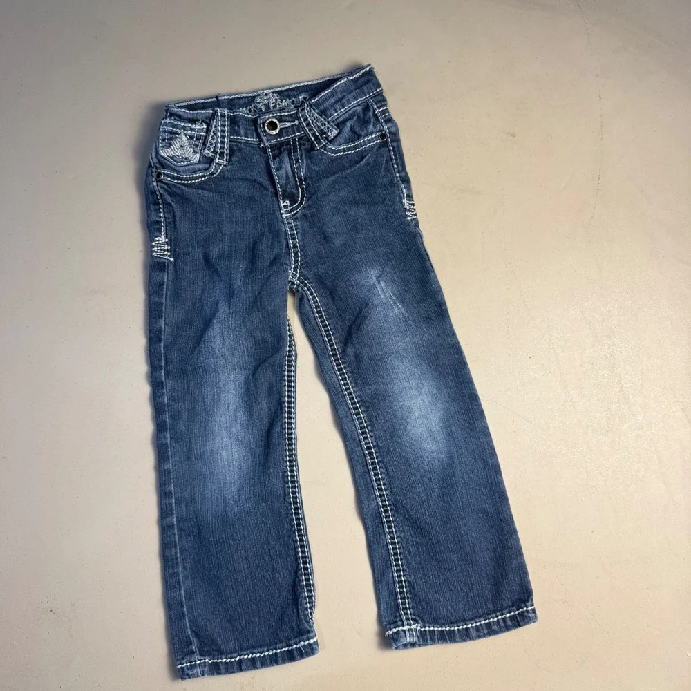 Almost Famous Jeans Girls 3T Blue Dark Wash Thick Stitch Rhinestone Pockets Y2K